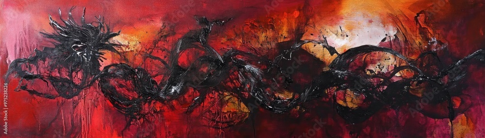 Poster an abstract painting featuring dynamic swirls of black against a vibrant red backdrop, evoking inten