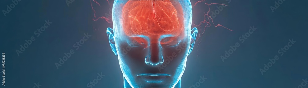 Aufkleber a digital representation of a human head with a glowing brain, illustrating concepts of thought, min