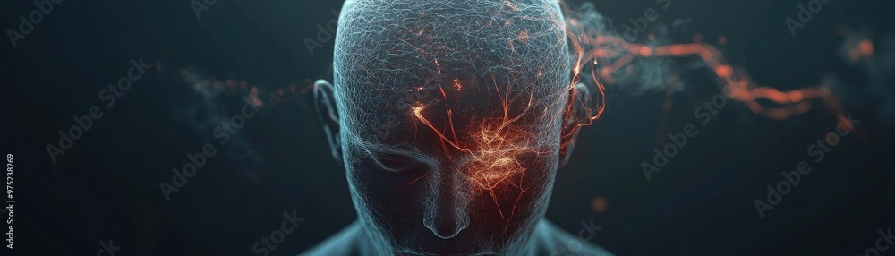 Poster A conceptual representation of the human mind showcasing neural activity and introspection in a dark, surreal environment.