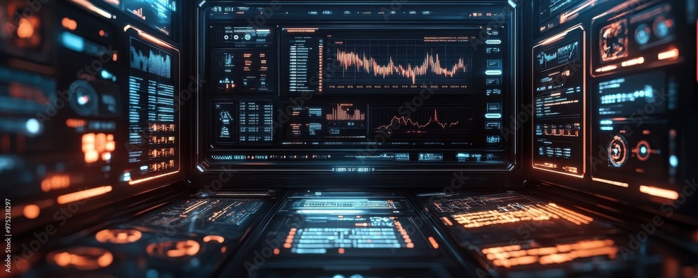 Poster digital commerce in cyberpunk: futuristic ecommerce website with glowing investment graphs and metal