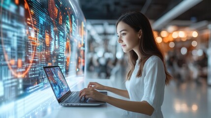 Very realistic and photographic photo of a young marketer using a laptop, surrounded by a holographic display showing complex data related to business innovation. The photograph is styled like a
