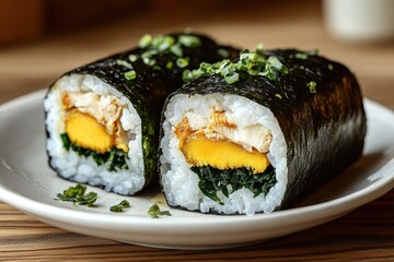 Delicious Sushi Rolls on a Light Plate with Fresh Green Herbs