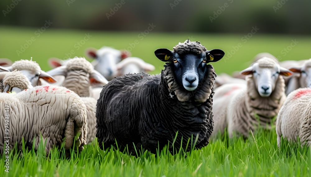 Wall mural contrasting leadership: a black sheep guiding a flock of white sheep in a verdant pasture