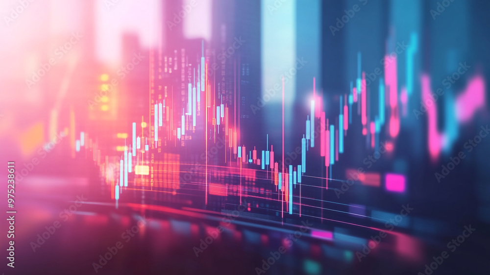 Poster abstract financial data visualization showing stock market trends with vibrant color gradients