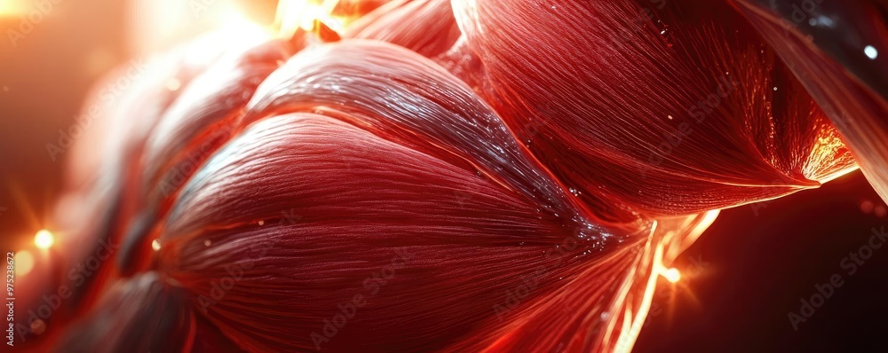 Poster close-up view of human muscle texture in vibrant colors, showcasing the detail and complexity of mus