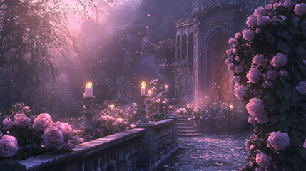 Angelic love in romantic art, pastel colors, passion, floral garden with a castle, soft candlelight, love, blooming pastel roses, marina molars style, pastel pinks and purples, V3, 4K, 16:9