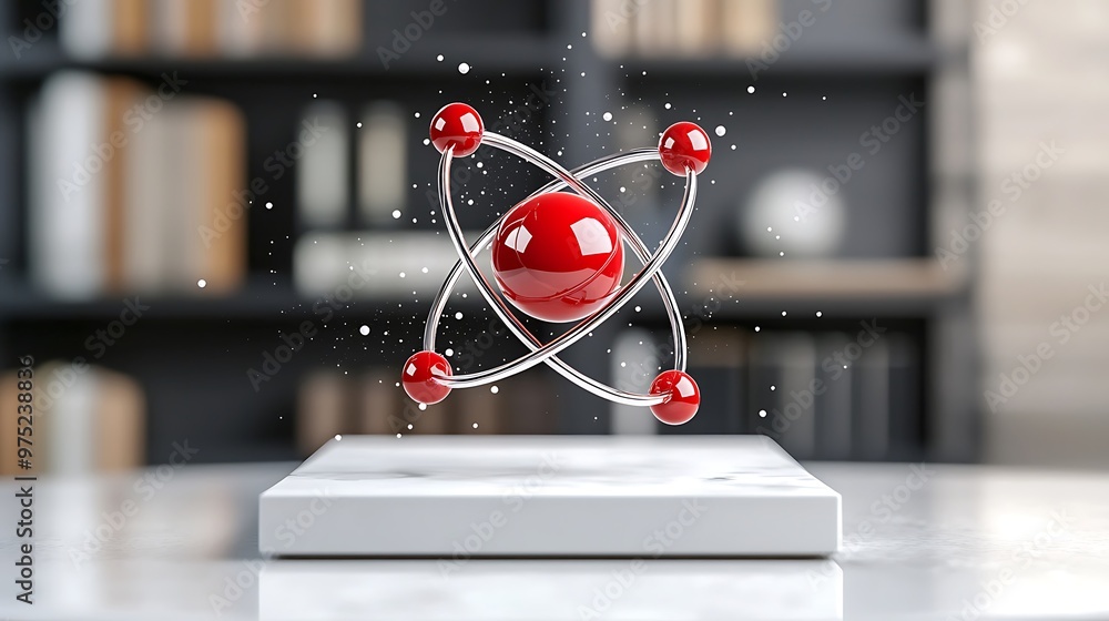 Poster a 3d render of a red atom with orbitals rests on a white marble platform.