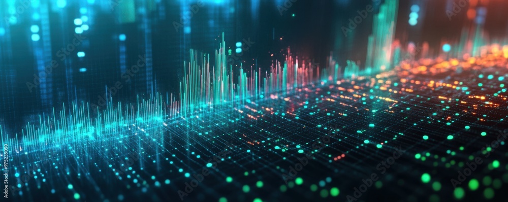 Poster futuristic floating stock market graph with glowing holographic layers in minimalist design - abstra