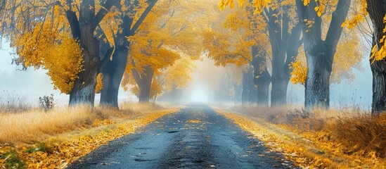 Misty Autumn Morning In The Countryside The Rural Road Goes Through A Large Tree Alleys The Leaves Of The Trees Are Colored Yellow And Coincide With The Edges Of The Road