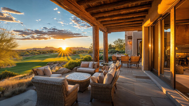 desert home patio overlooking a golf course at sunrise