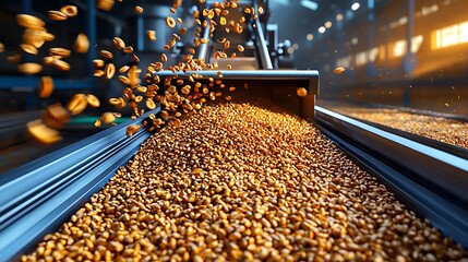 A grain conveyor belt system operates at the heart of agricultural food production, moving harvested wheat and barley.
