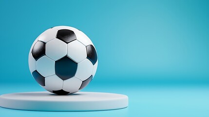 Fototapeta premium A soccer ball is displayed on a platform, set against a bright blue background.
