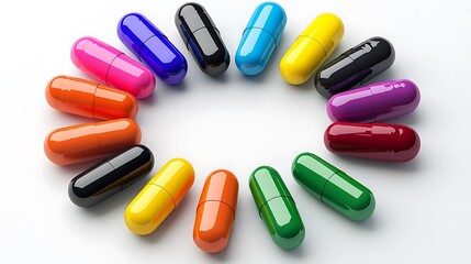 Pills and capsules form a perfect circle, neatly arranged on a clean white surface.