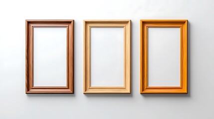 Empty wooden picture frames hang in minimalist style on a clean white wall.