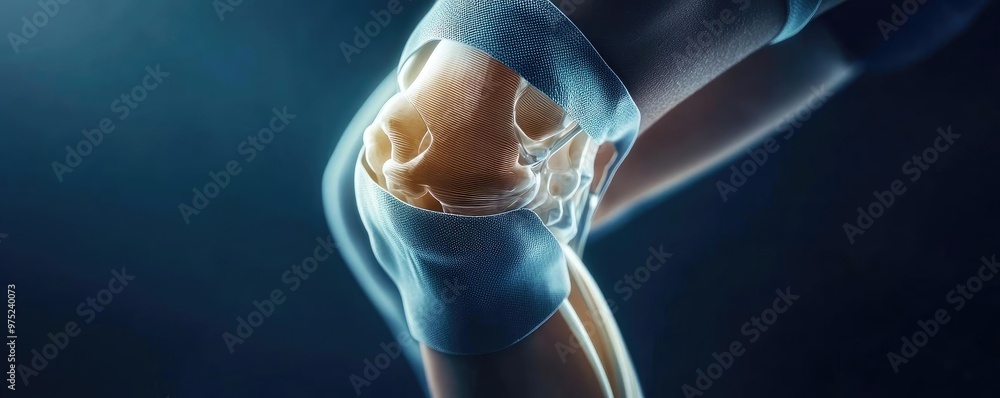 Poster Close-up view of a healthy knee joint in motion, showcasing its structure and flexibility with a modern, dynamic backdrop.