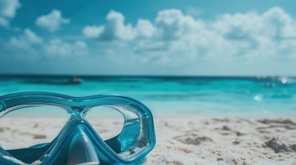 A snorkel mask resting on sandy beach with a clear blue ocean in the background.