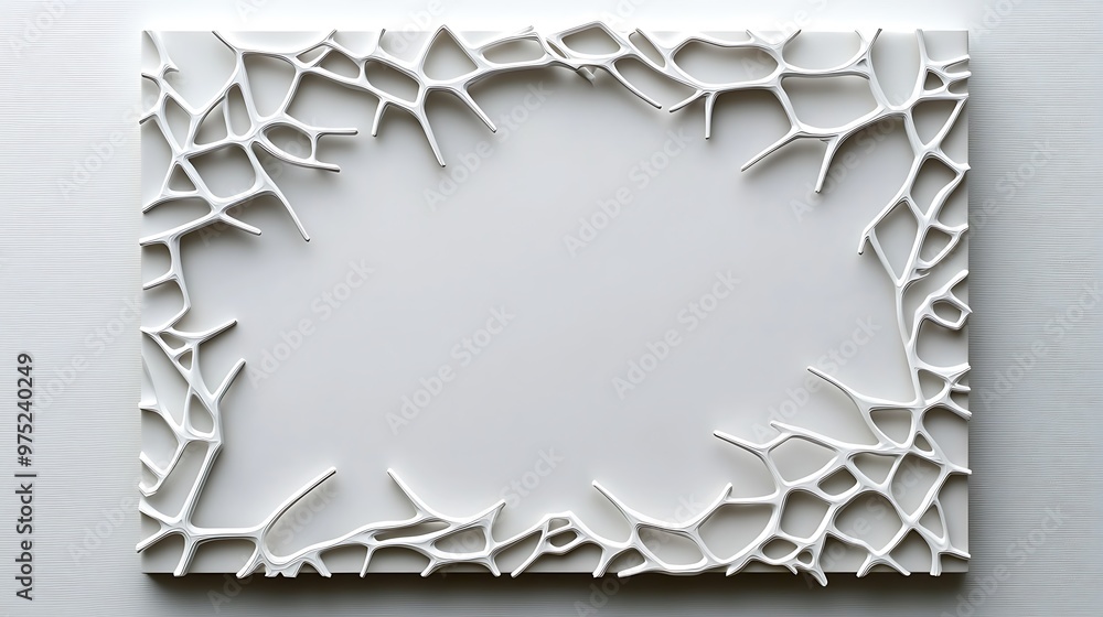 Poster an abstract white frame is set against geometric shapes, creating a minimalist yet striking backgrou