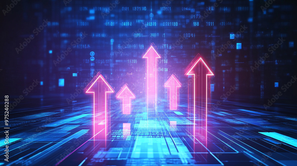 Poster digital illustration of upward arrows symbolizing growth and progress in a futuristic setting