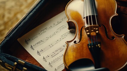 Naklejka premium A violin resting on sheet music inside a case, symbolizing music and creativity.