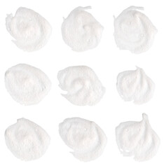 The top view set has a shampoo bubble isolated on a white background, and it is white foam soap. concept of suds texture, foam bubble in a bathtub. shaving cream gel, bath lather