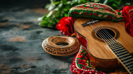 Flamenco Guitar and Castanets, featuring a Flamenco guitar with castanets, iconic instruments of Spanish culture, Hispanic heritage, with copy space