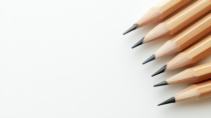 A row of sharpened pencils arranged neatly on a white surface.