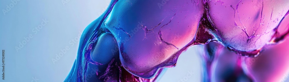 Poster a vibrant, abstract close-up of a joint showcasing intricate patterns in purple and blue hues, symbo