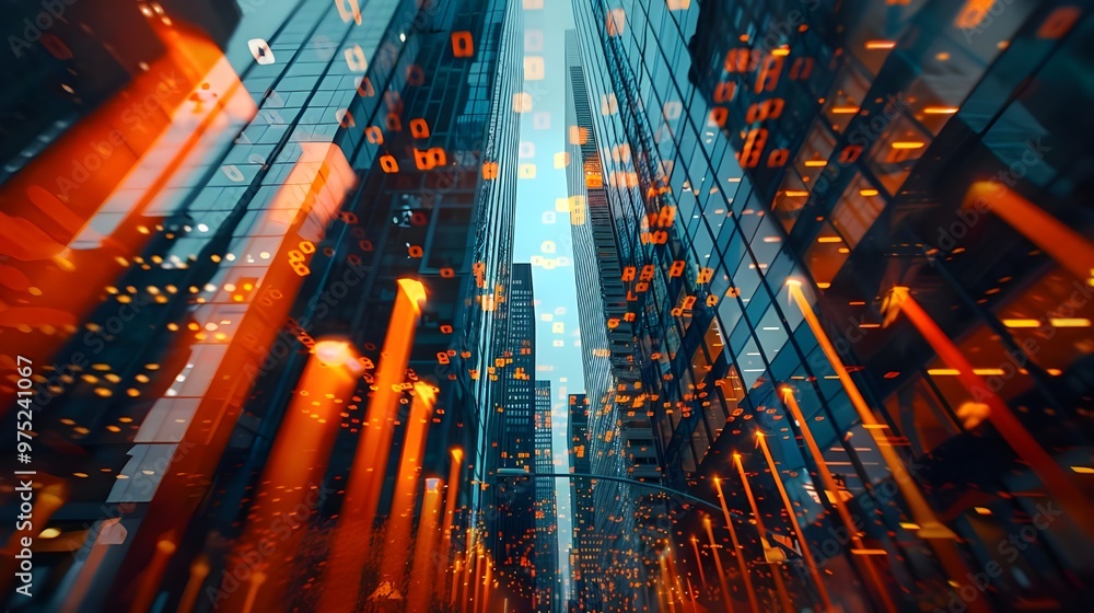 Poster abstract cityscape with skyscrapers and neon lights. 3d rendering - generated ai