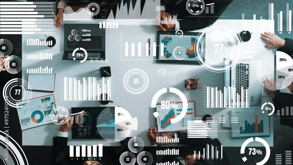 Poster top down aerial view of smart team analyze graph with financial statistic chart. group of business p