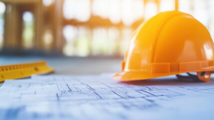 A construction helmet sits atop blueprints laid out on a work table, highlighting a building project during daylight hours