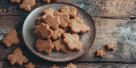 Fototapeta premium Top-down view of bear-shaped cookies arranged on a ceramic plate atop a wooden tabletop.