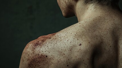 Fototapeta premium A close-up view of a shoulder with visible skin imperfections, showcasing unique textures and tones in a moody atmosphere.