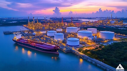 Naklejka premium An oil tanker docked at a refinery at sunset.