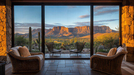 view of desert mountains through large picture window in a southwestern home