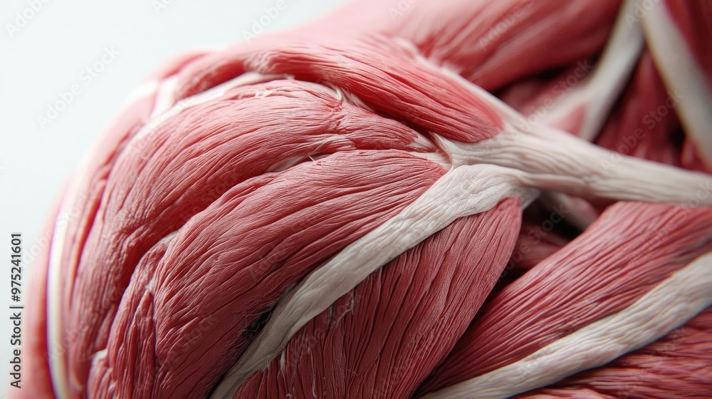 Poster close-up view of intricate pink and white muscle fibers, showcasing detailed texture and structure.