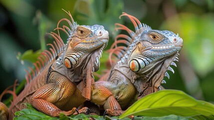 Fototapeta premium A pair of bearded dragons sitting together, likely mating partners or family members.