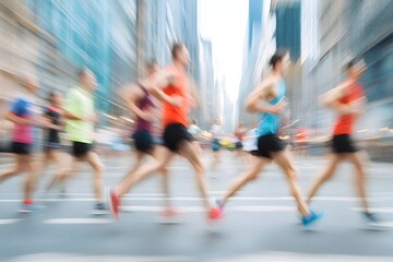 Blurred motion of athletes running on a crowded city street during a high-energy marathon competition,showcasing the speed and endurance of the participants.