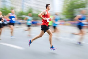 Blurred motion image of an anonymous marathon runner in red jersey sprinting down a city street during a competitive running event with spectators visible in the background.