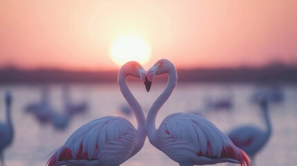 Two flamingos form a heart shape against a stunning sunset backdrop, reflecting love and tranquility in their habitat