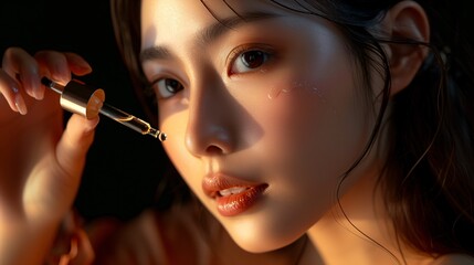 Obraz premium Asian Woman Applying Hyaluronic Acid Serum, Enriched with Vitamin C and Niacinamide for Hydration and Radiant Skin.