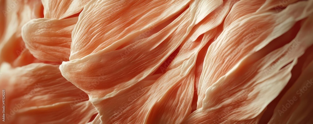 Poster close-up of soft, textured fabric in warm peach tones, showcasing delicate folds and layers of mater