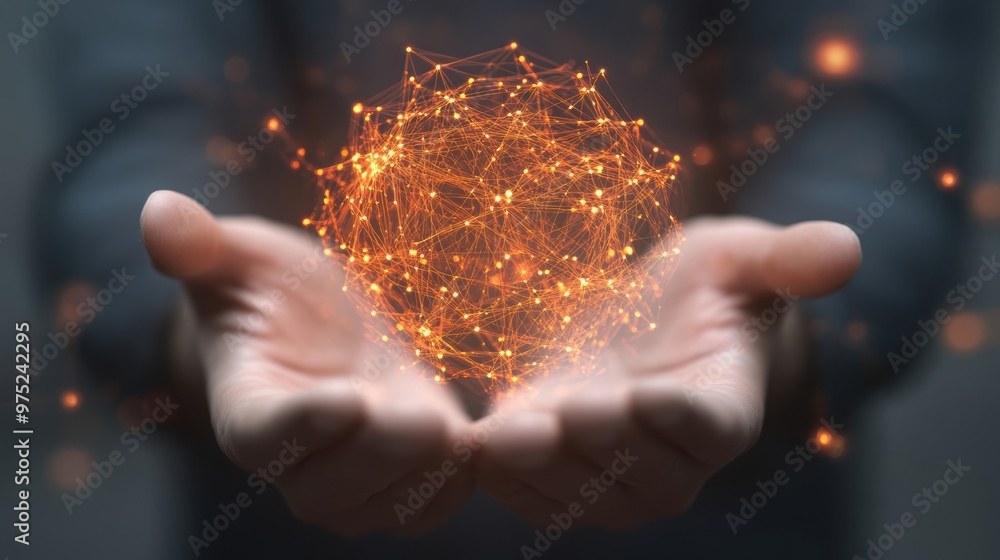 Poster hands cradle a luminous network of interconnected nodes, representing advanced technology, globaliza