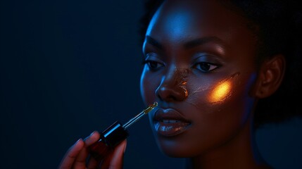 Obraz premium Afro-American Woman Applying Hyaluronic Acid Serum, Enriched with Vitamin C and Niacinamide for Hydration and Radiant Skin.