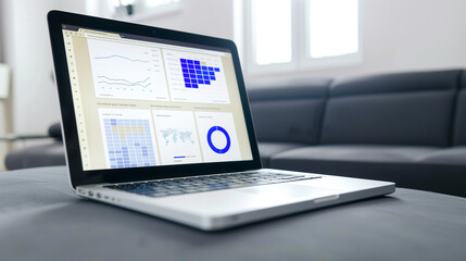 Laptop displaying data charts and graphs, representing analytics, performance tracking, and data management