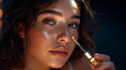 Obraz premium Caucasian Woman Applying Hyaluronic Acid Serum, Enriched with Vitamin C and Niacinamide for Hydration and Radiant Skin.