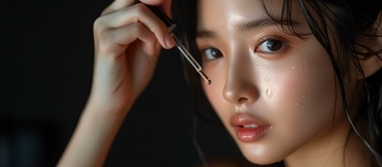 Obraz premium Asian Woman Applying Hyaluronic Acid Serum, Enriched with Vitamin C and Niacinamide for Hydration and Radiant Skin, Copy Space.