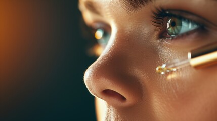 Caucasian Woman Applying Hyaluronic Acid Serum, Enriched with Vitamin C and Niacinamide for Hydration and Radiant Skin.