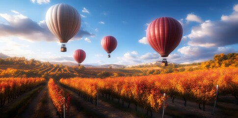 Fototapeta premium Hot Air Balloons over Autumn Vineyard
