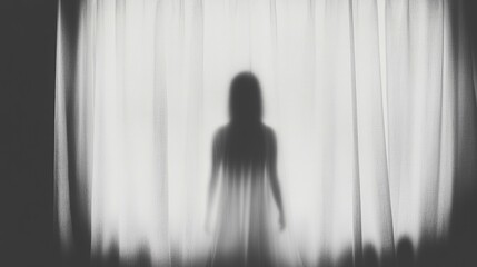 A ghostly figure stands behind a sheer curtain in a darkened bedroom, creating an eerie and unsettling atmosphere