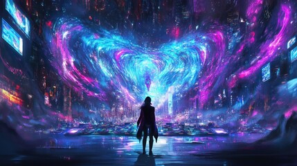 A futuristic scene with vibrant colors and a figure overlooking a digital cityscape.